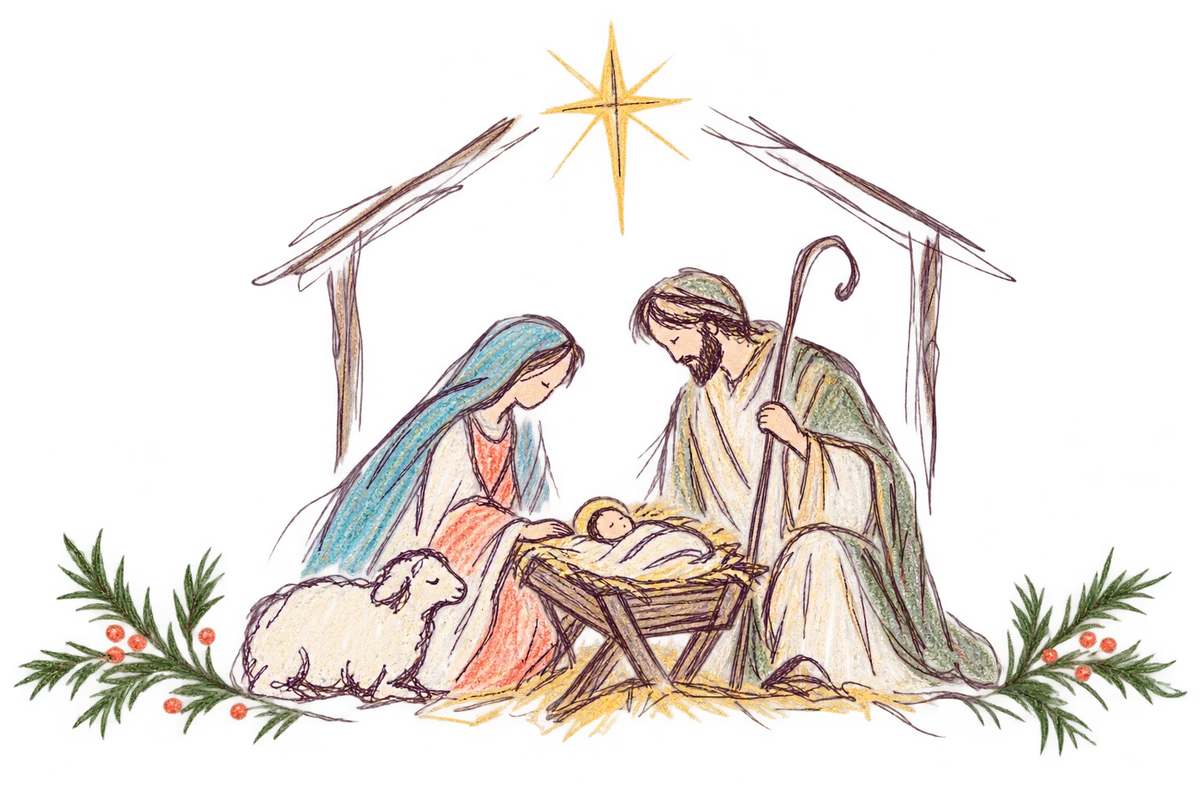 Liebevoll gezeichnete Weihnachtskrippe unter einem goldenen Stern